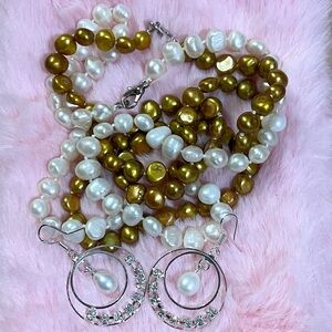 Handmade Genuine Gold Baroque South Sea Pearl Layering Necklace Earrings Bundle